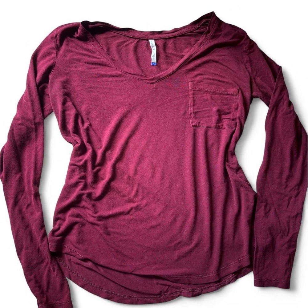 Three Dots Burgundy Rayon Modal V-Neck Pocket Top TME-G7024 Small